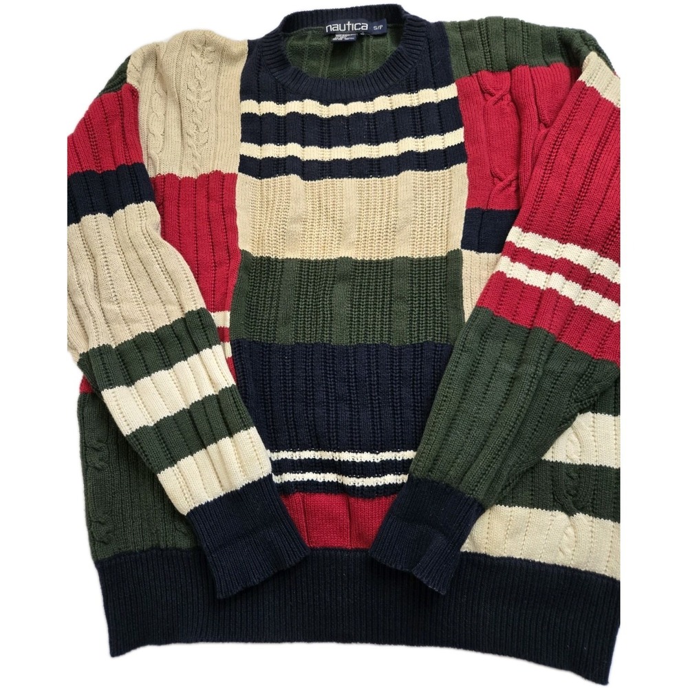 Vintage Nautica Multi Color Crew Neck Cable Knit Sweater Size Small Striped